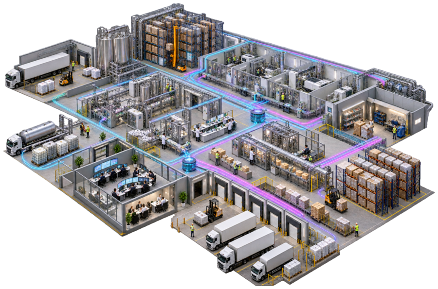 An operations team connecting production equipment, system work, and warehouse delivery in one shared workflow.