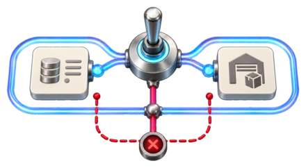 A single commit gate that resolves both an order-state record and a warehouse instruction, with an abort path that resolves neither.