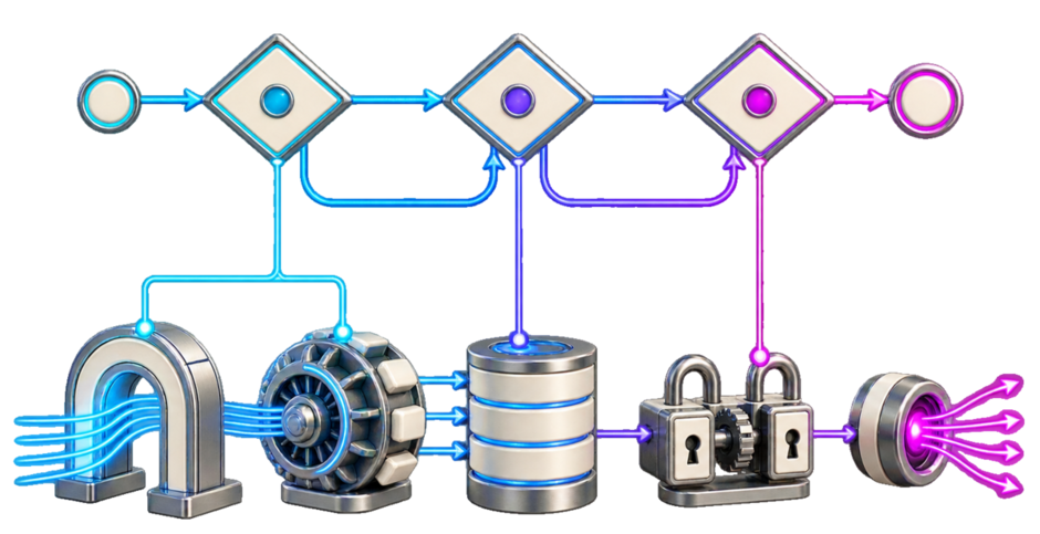 Business-rule decisions above connected directly to routing, workers, durable state, transaction coordination, and delivery mechanisms below.