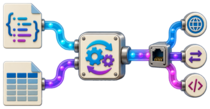 Structured and tabular data entering a typed transformation service and leaving through an API port.
