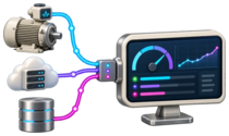Equipment, remote-service, and stored-record inputs converging into an operations display.