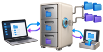An authenticated file store connecting shared folders, a client, and an upload source.