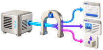 An HTTPS web server routing to an application form, content page, and download.