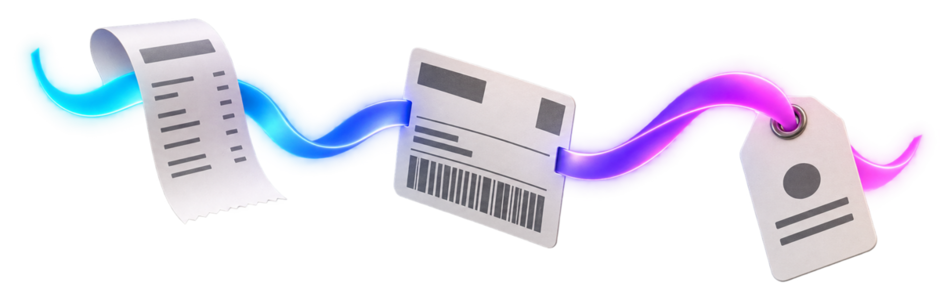 A luminous ribbon connecting an order receipt, warehouse label, and dispatch tag.
